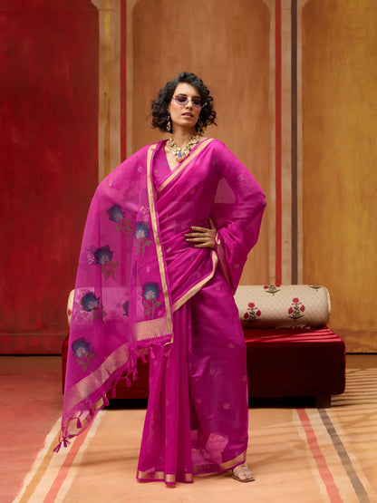 Burnt Pink Cotton Handloom Weaving Saree