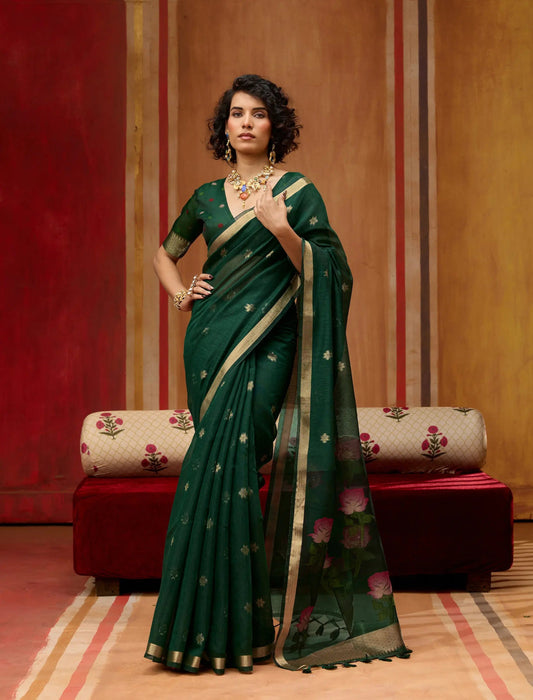 Deep Green Cotton Handloom Weaving Saree