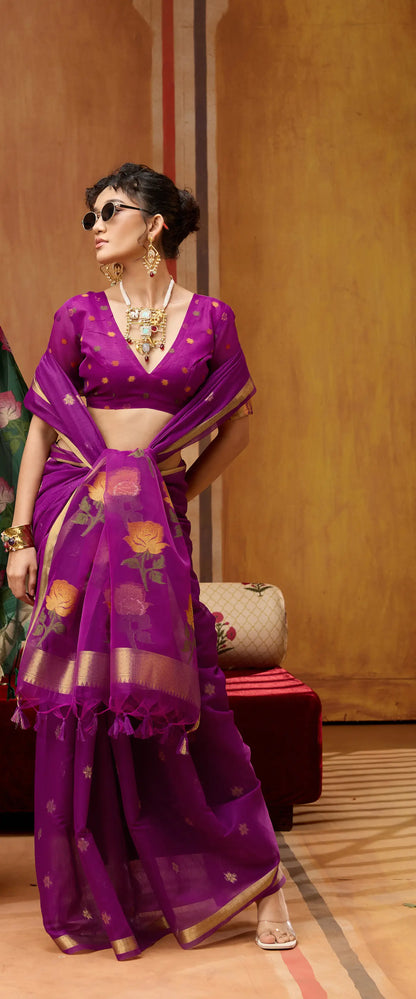 Warm Purple Cotton Handloom Weaving Saree