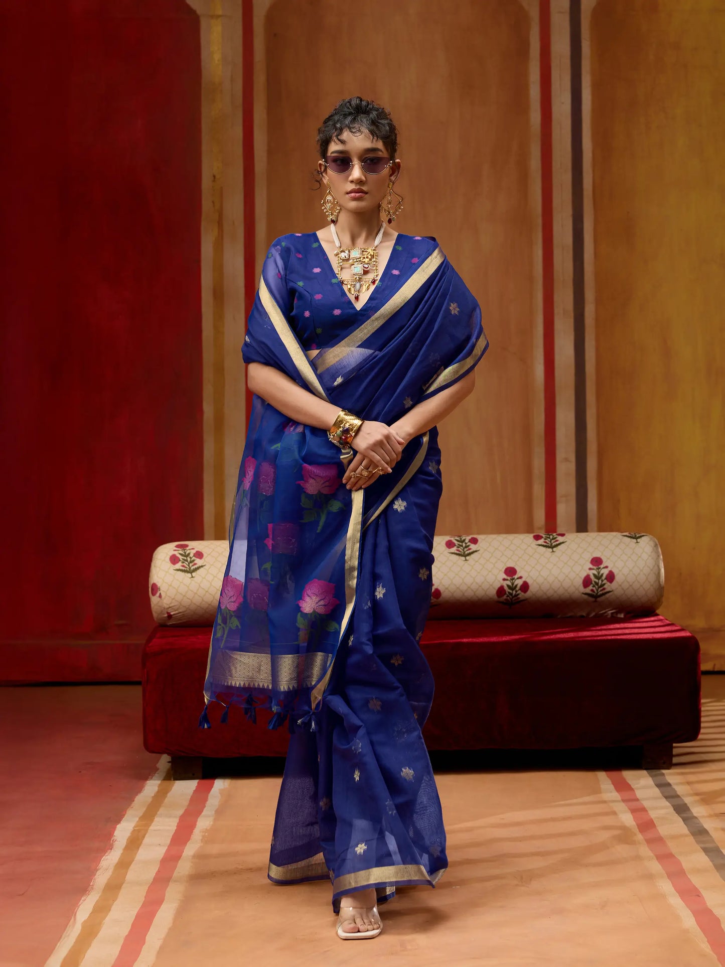 Navy Blue Cotton Handloom Weaving Saree