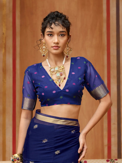 Navy Blue Cotton Handloom Weaving Saree