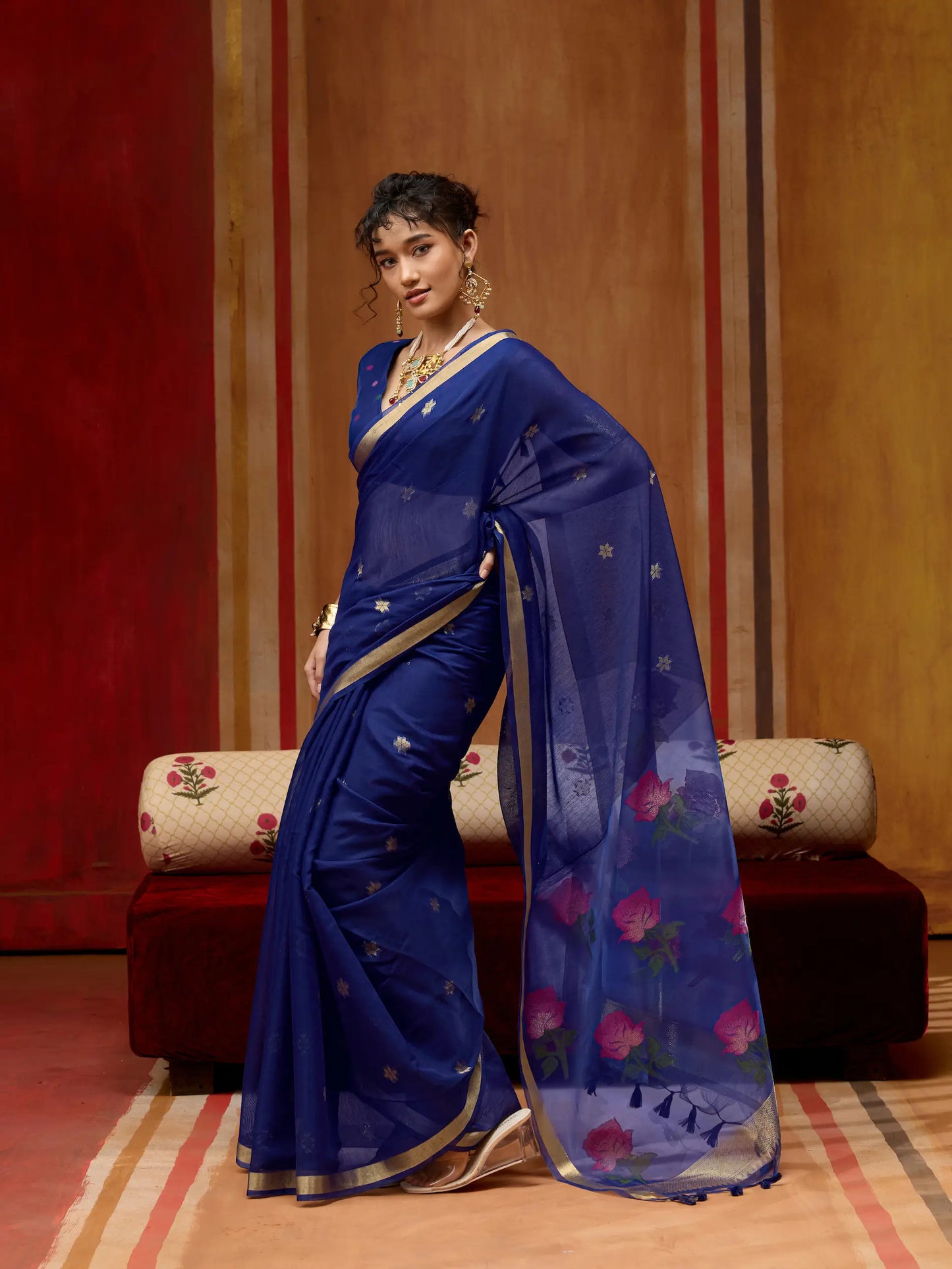 Navy Blue Cotton Handloom Weaving Saree