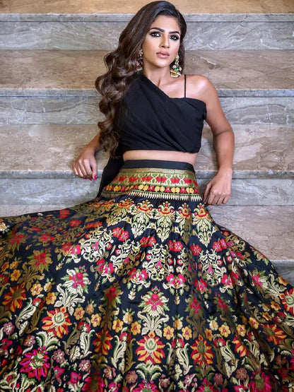 Black Banarasi Silk Crop top Lehenga Choli