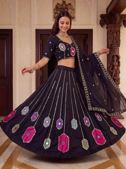 Black Navratri Lehenga With Embroidery & Mirror Work
