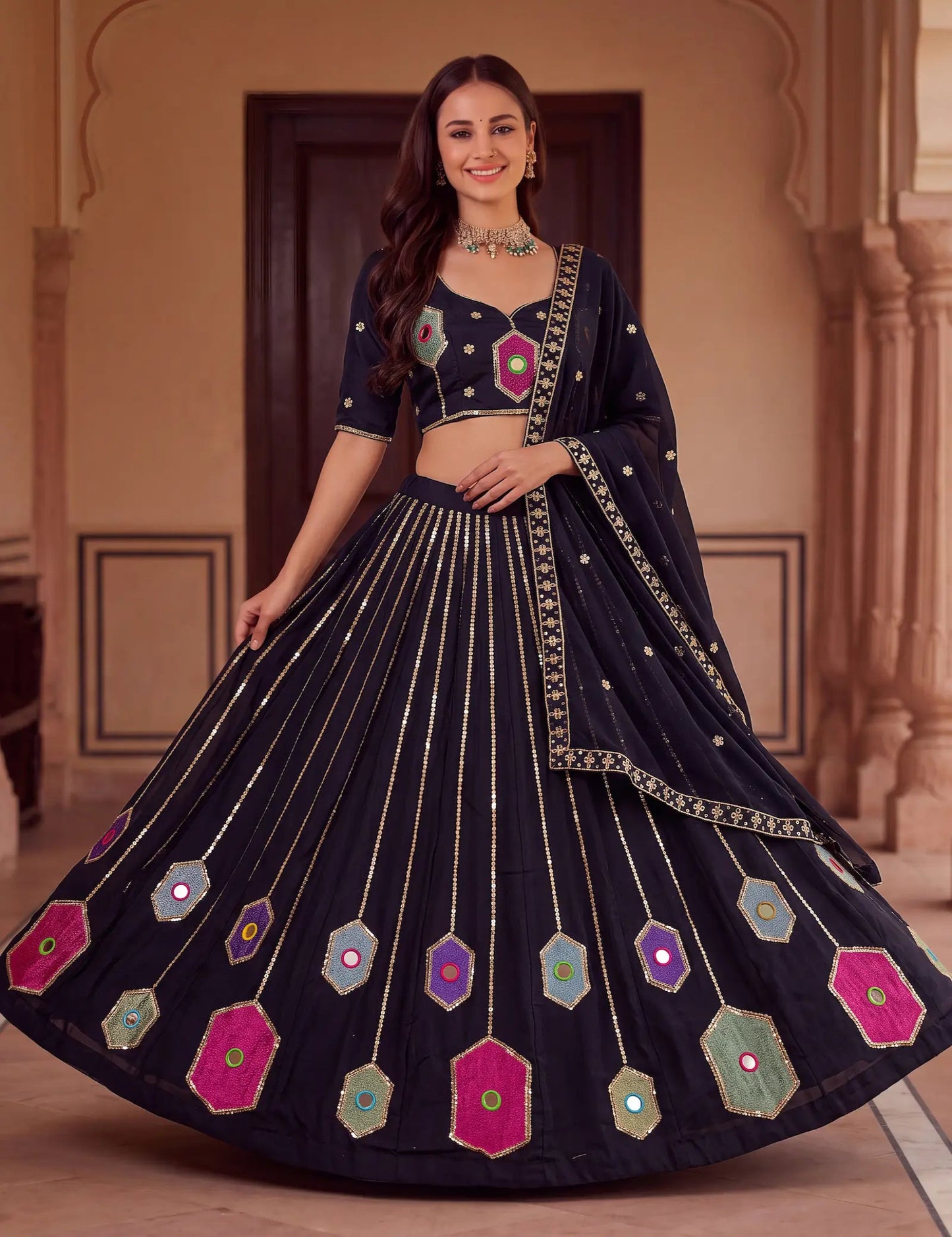 Black Navratri Lehenga With Embroidery & Mirror Work
