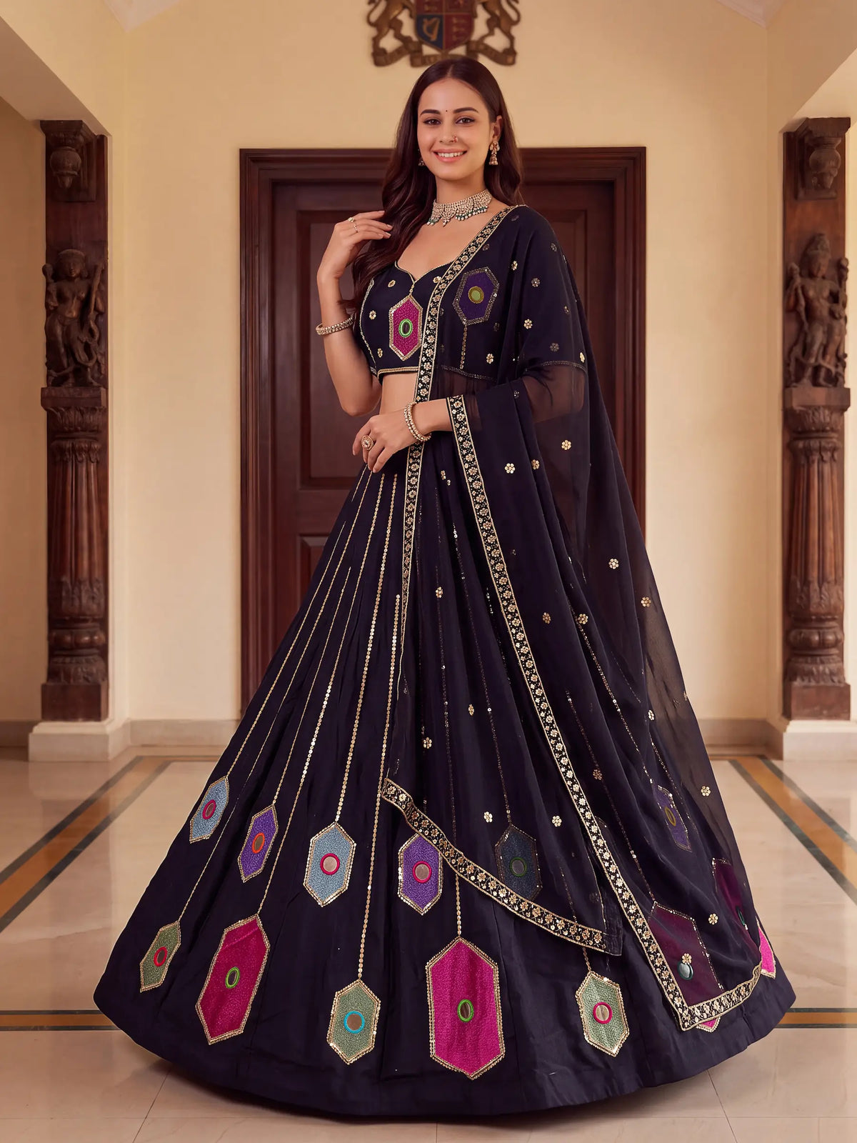 Black Navratri Lehenga With Embroidery & Mirror Work