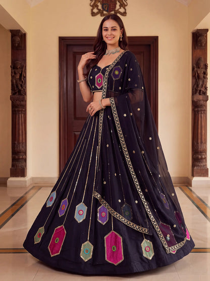 Black Navratri Lehenga With Embroidery & Mirror Work
