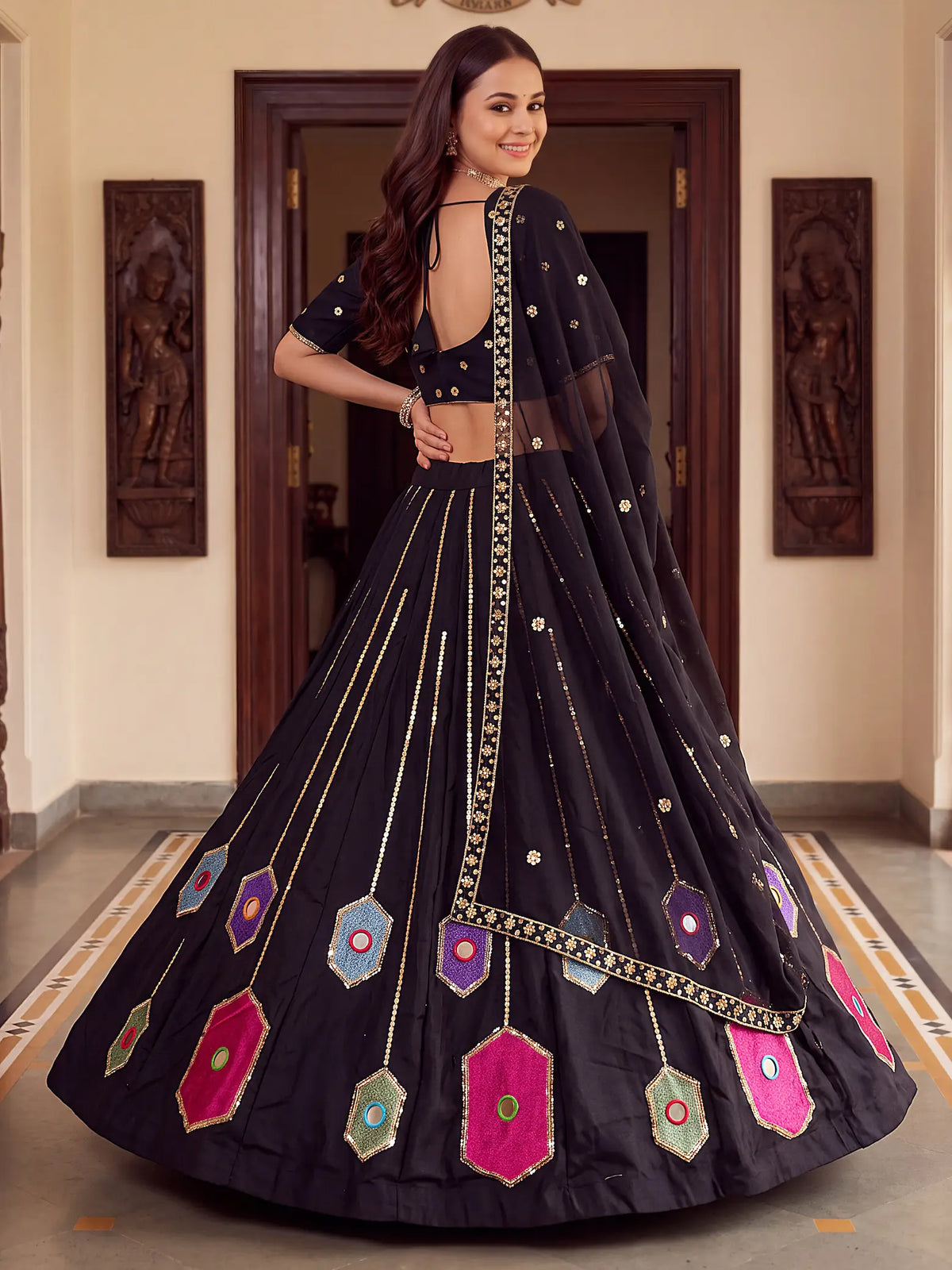 Black Navratri Lehenga With Embroidery & Mirror Work