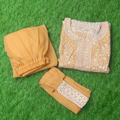 Yellow Star Georgette Embroidery Palazzo Suit