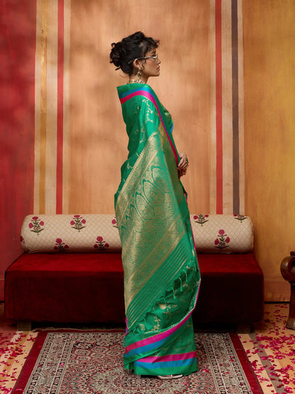 Pine Green Soft Silk Zari Weaving Saree