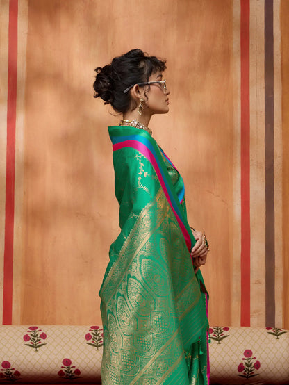 Pine Green Soft Silk Zari Weaving Saree