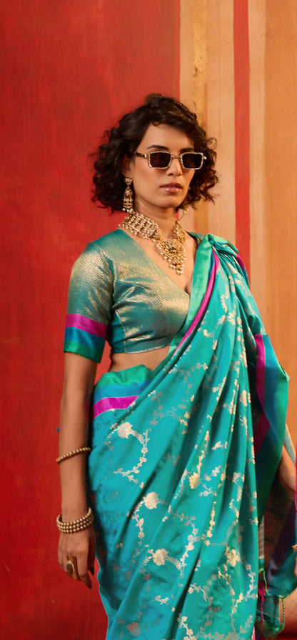 Teal Blue Soft Silk Zari Weaving Saree