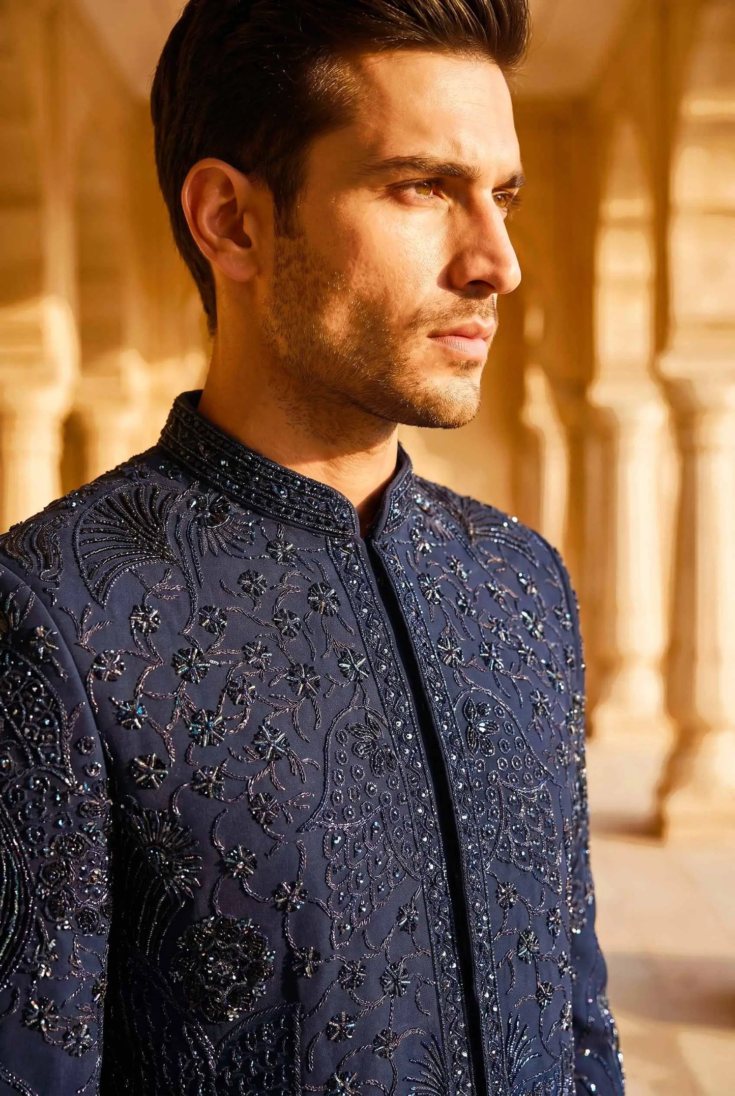 Navy Blue Groom Wear Bead Work 3 PCS Set
