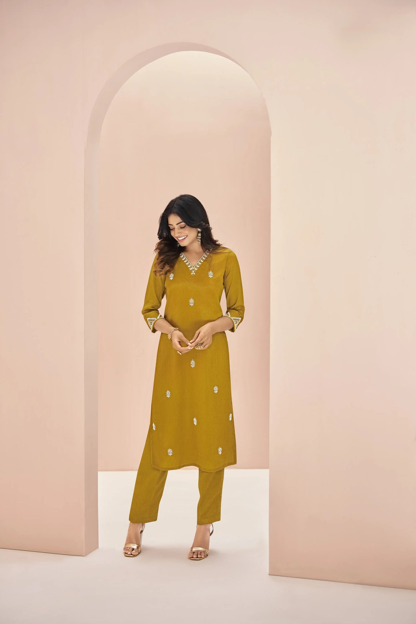 Mustard Yellow Chinon Handwork Salwar Suit