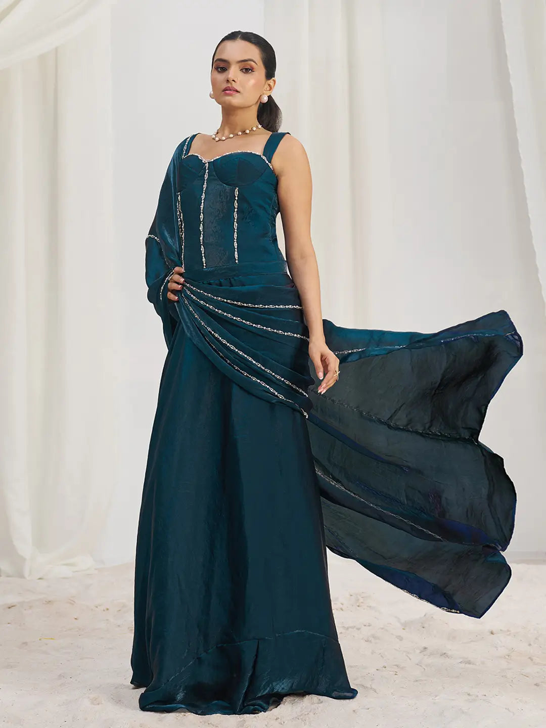 Navy Blue Organza Party Wear Saree With Handwork