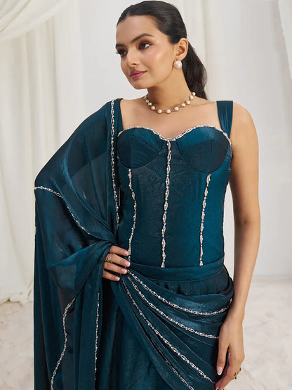 Navy Blue Organza Party Wear Saree With Handwork