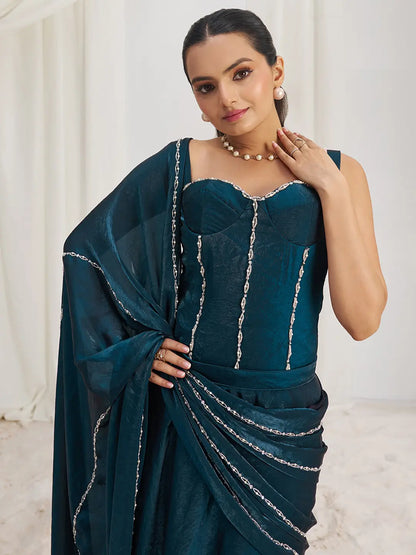 Navy Blue Organza Party Wear Saree With Handwork