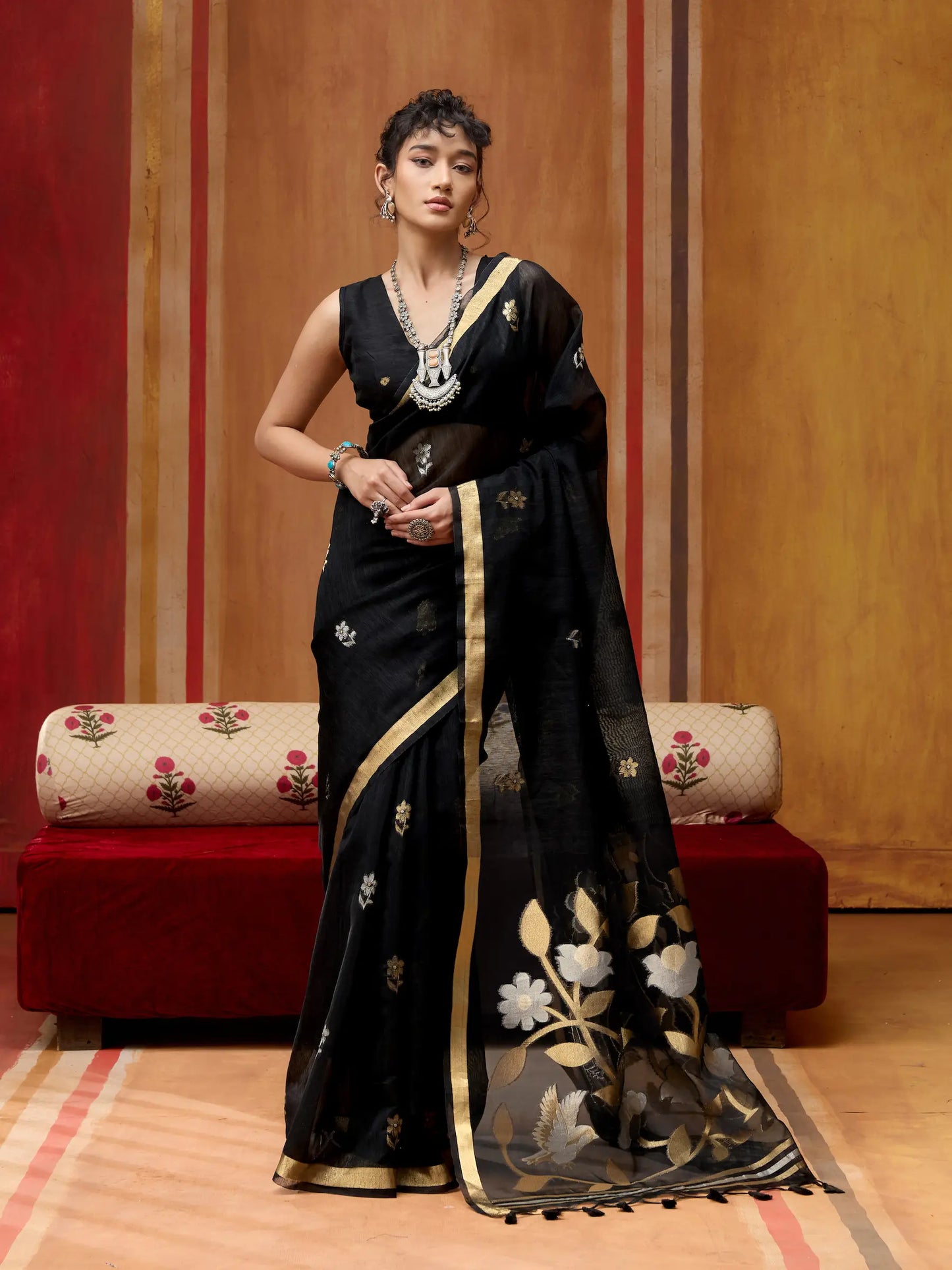 Zade Black Silk Zari Weaving Saree
