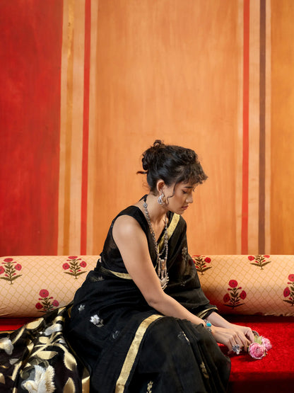 Zade Black Silk Zari Weaving Saree