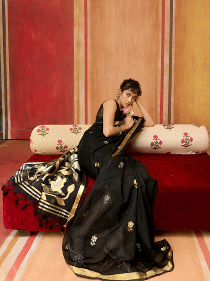 Zade Black Silk Zari Weaving Saree