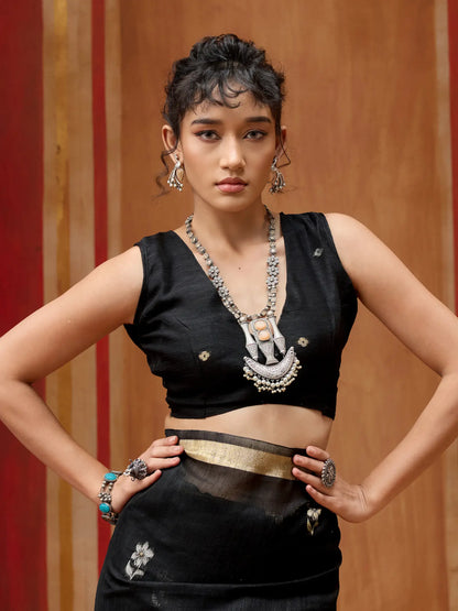 Zade Black Silk Zari Weaving Saree