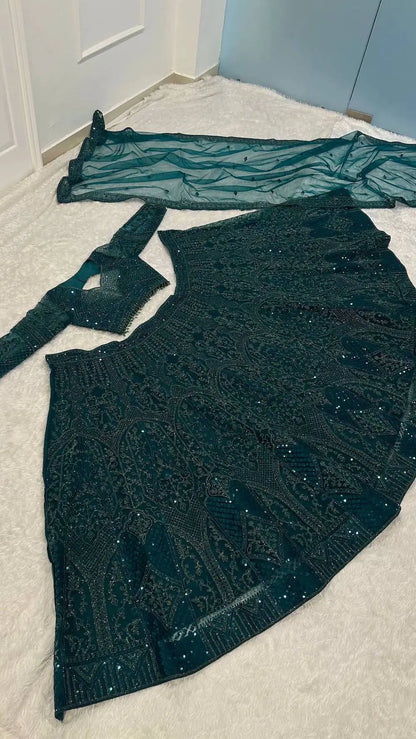 Bottle Green Net Embroidery Lehenga Choli