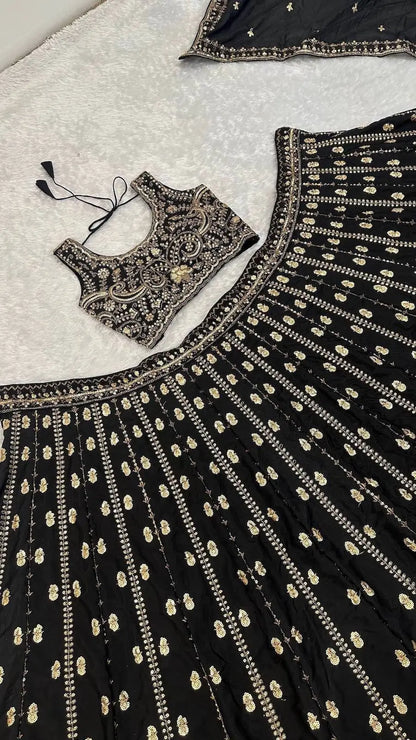 Ebony Black Crepe Embroidery Lehenga Choli