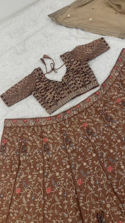 Brown Embroidered Lehenga Choli
