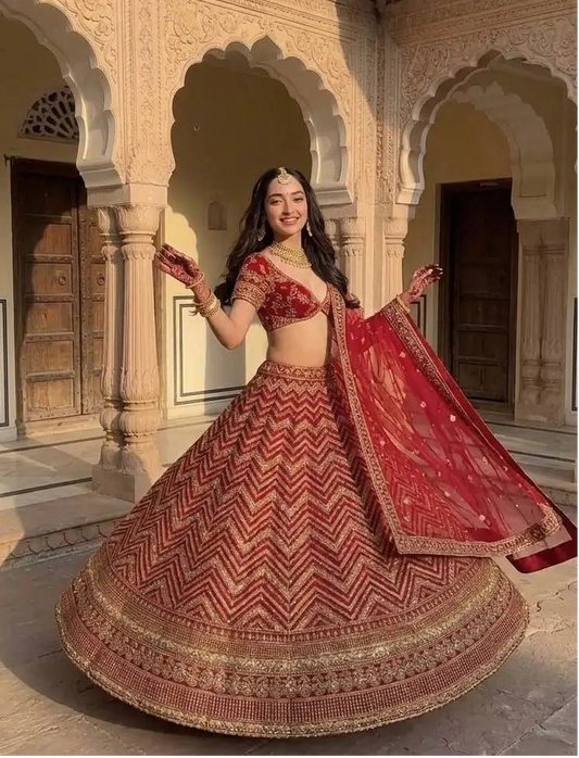 Dark Red Embroidered Lehenga Choli