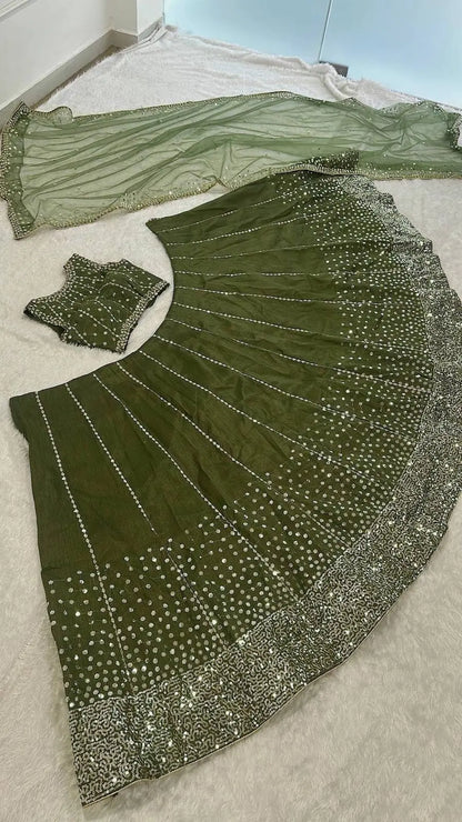 Olive Green Sequins Embroidery Lehenga Choli