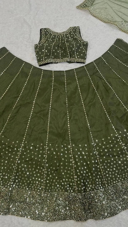 Olive Green Sequins Embroidery Lehenga Choli
