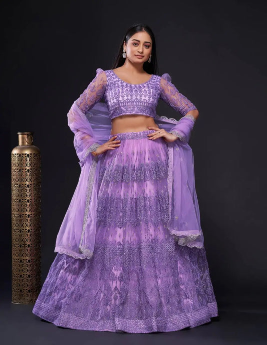 Purple Net Lehenga Choli With Sequence, Zari & Dori Work