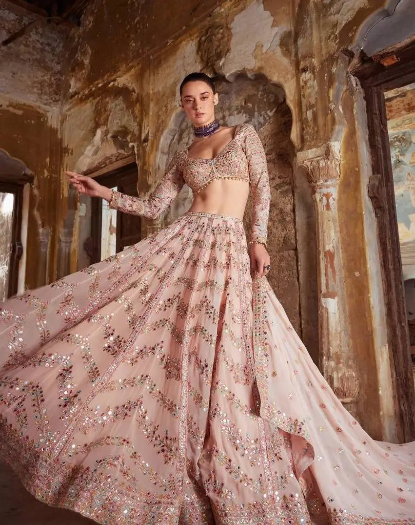 Light Pink Georgette Paper Mirror, Thread & Zari Work Lehenga Choli