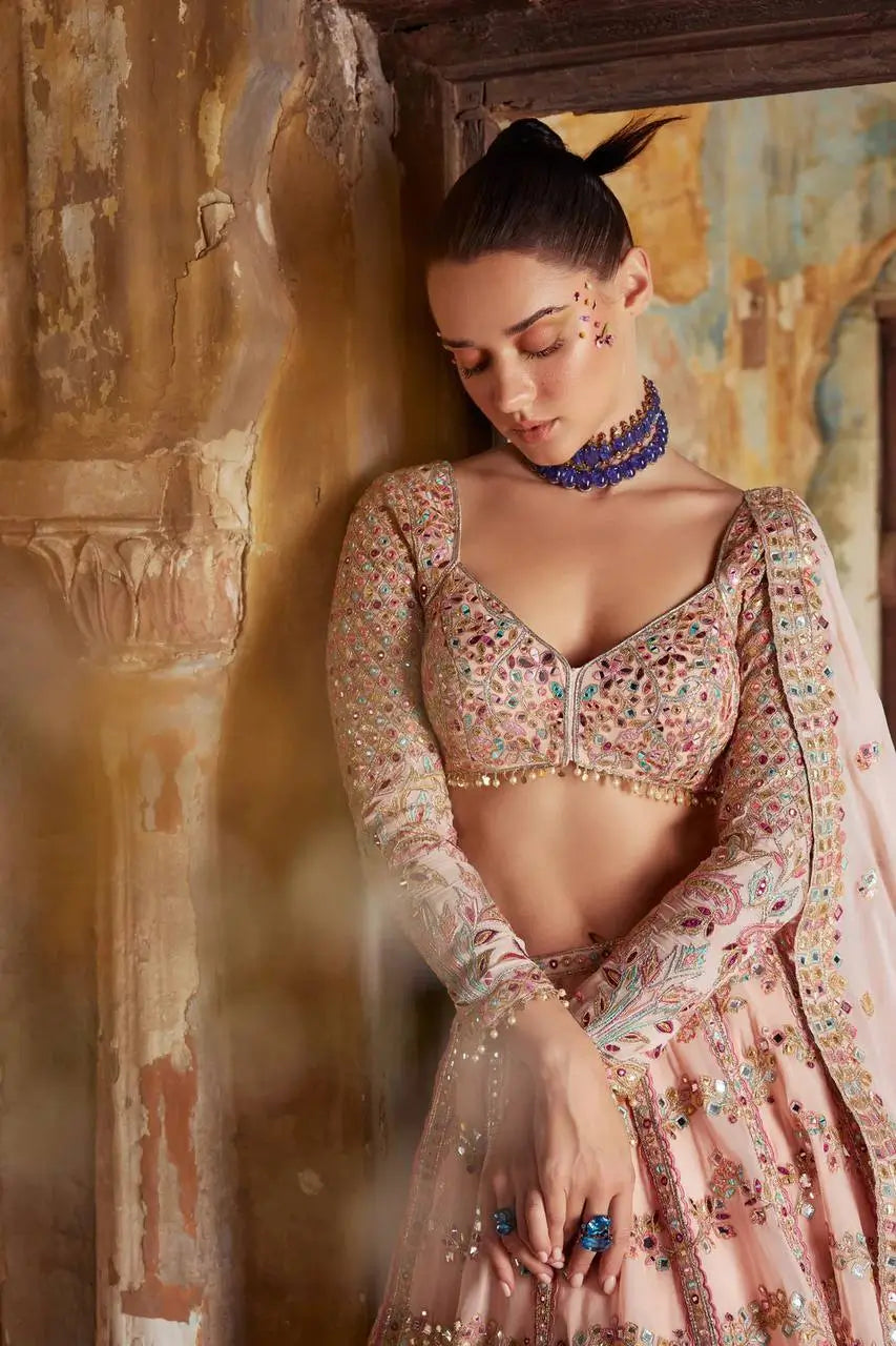Light Pink Georgette Paper Mirror, Thread & Zari Work Lehenga Choli