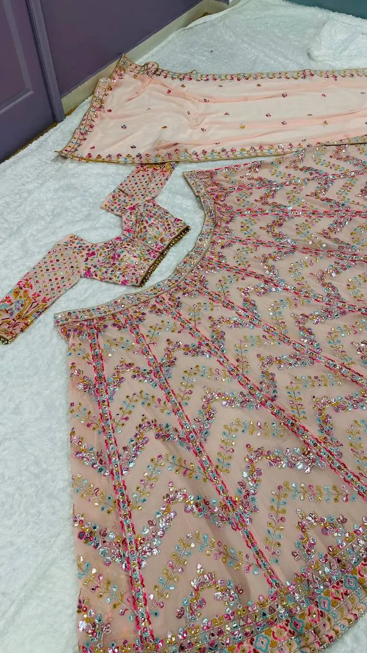 Light Pink Georgette Paper Mirror, Thread & Zari Work Lehenga Choli