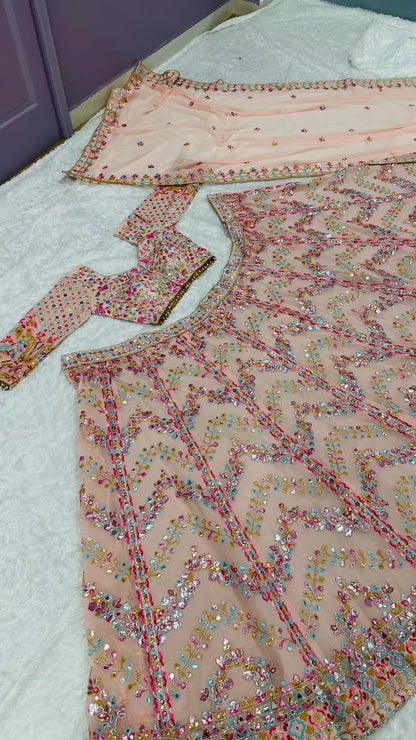 Light Pink Georgette Paper Mirror, Thread & Zari Work Lehenga Choli