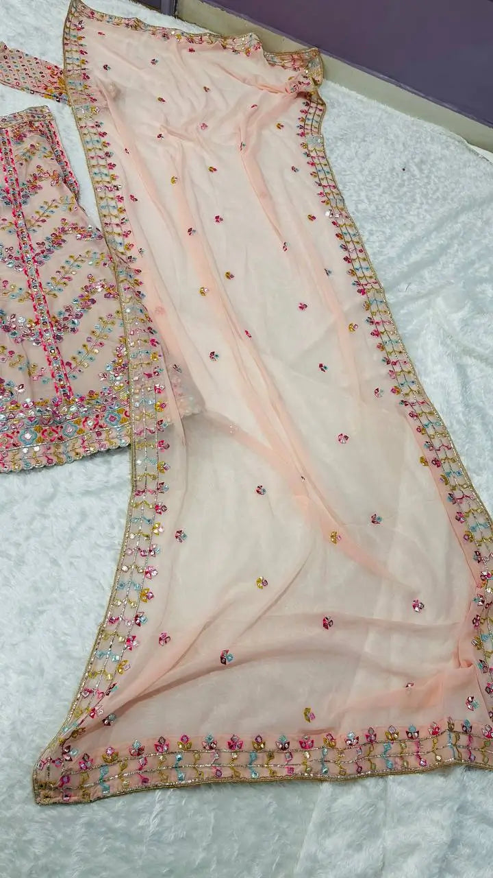 Light Pink Georgette Paper Mirror, Thread & Zari Work Lehenga Choli