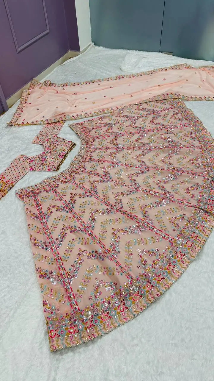 Light Pink Georgette Paper Mirror, Thread & Zari Work Lehenga Choli