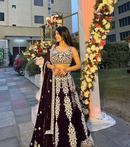 Dark Violet Kasturi Silk Thread with Sequence Embroidery Work Lehenga Choli