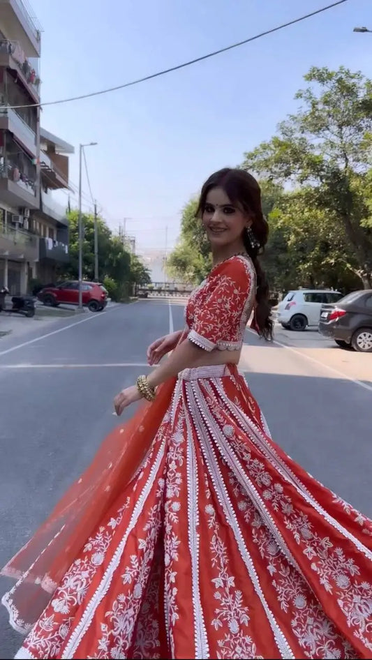 Orange Mul Mul Silk Silk Thread & Sequence Work Lehenga Choli