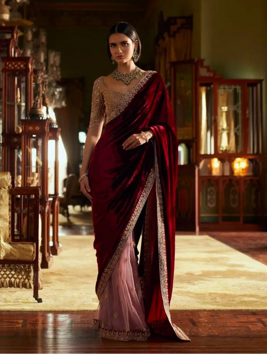 Maroon-Pink Velvet & Net Saree With Sequins, Thread & Dori Work