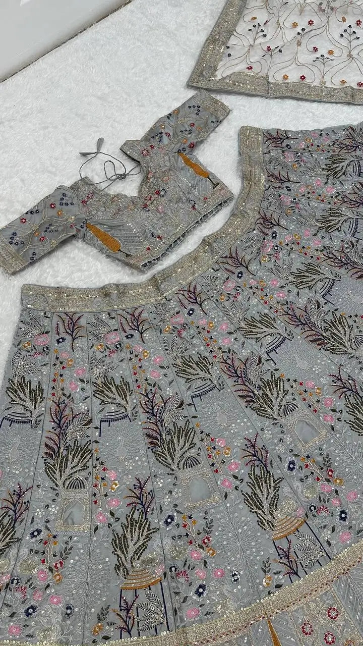Powder Grey Kasturi Silk Embroidery Lehenga Choli