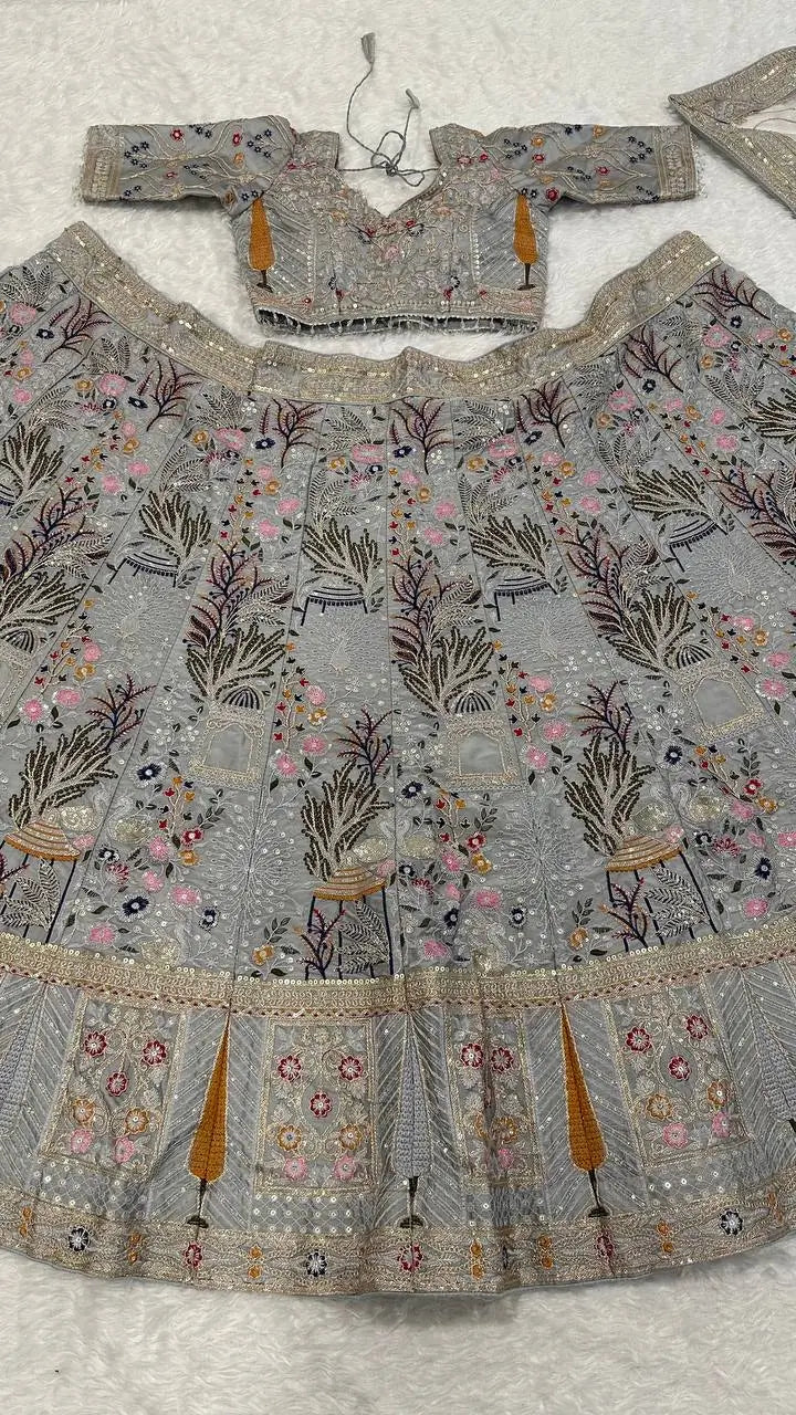 Powder Grey Kasturi Silk Embroidery Lehenga Choli