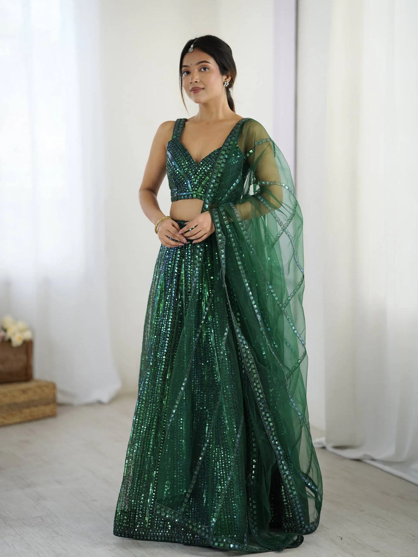 Sparkly Green Net Lehenga Choli With Sequins & Dori Work