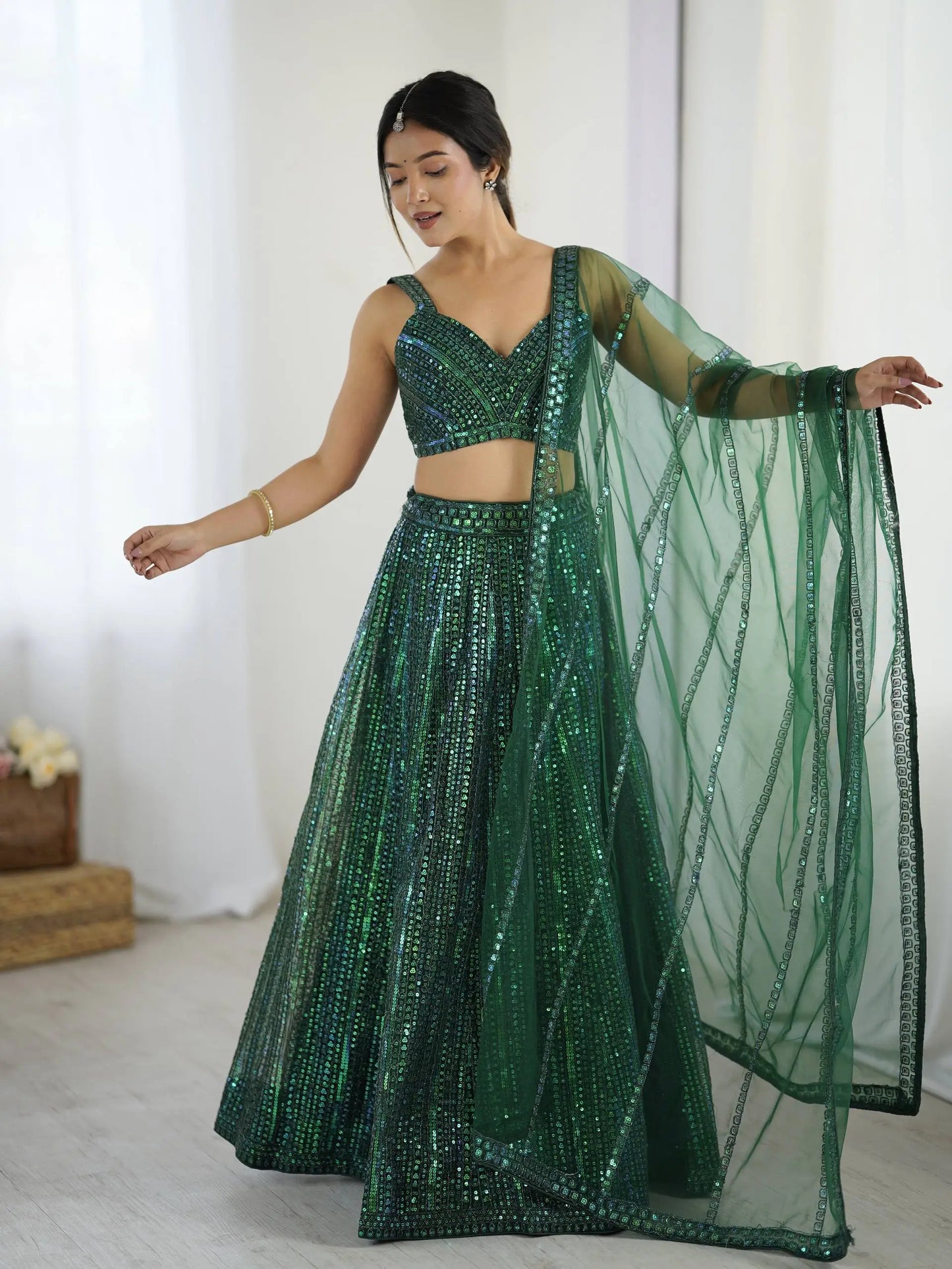 Sparkly Green Net Lehenga Choli With Sequins & Dori Work