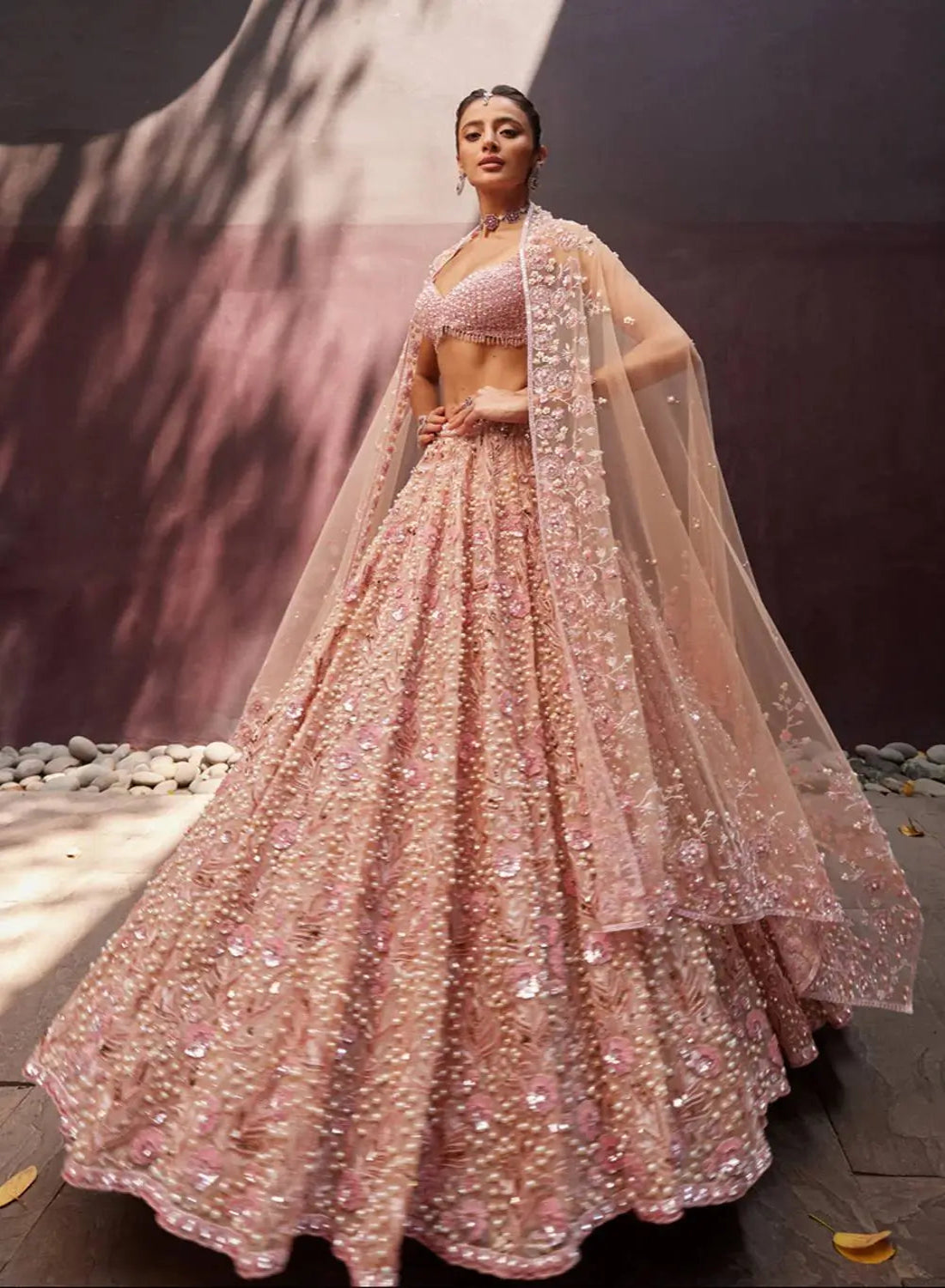 Peach Georgette Lehenga Choli With Embroidery & Pearl Beads Work