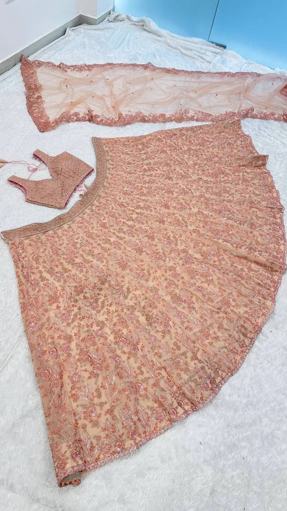 Peach Georgette Lehenga Choli With Embroidery & Pearl Beads Work