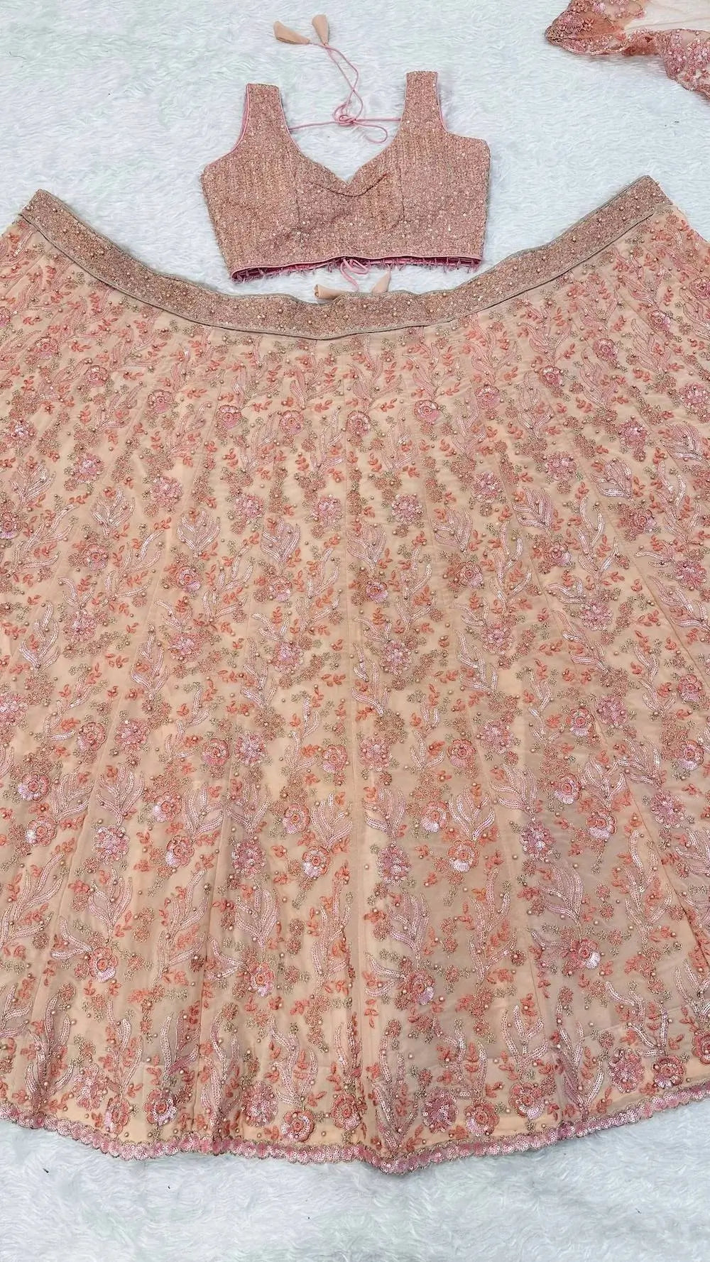 Peach Georgette Lehenga Choli With Embroidery & Pearl Beads Work