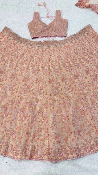 Peach Georgette Lehenga Choli With Embroidery & Pearl Beads Work