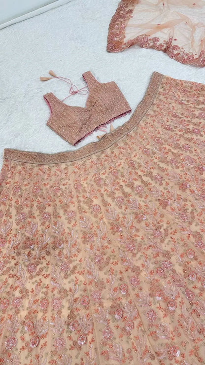Peach Georgette Lehenga Choli With Embroidery & Pearl Beads Work